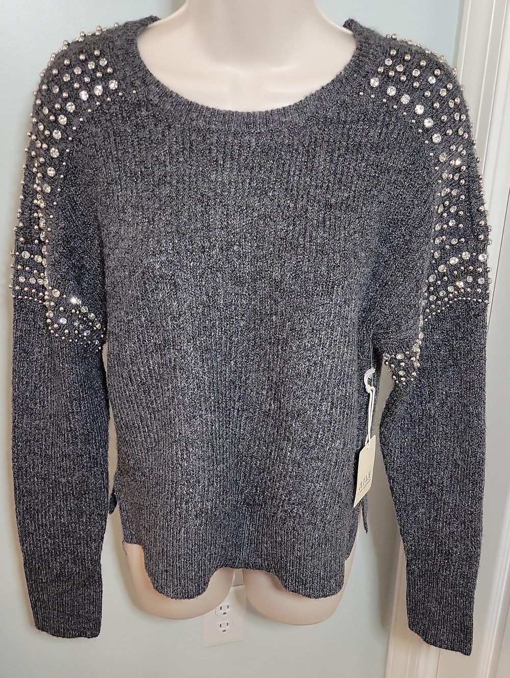 A.N.A Dark Gray Rhinestone And Beads Crewneck Sweater NWT Size Small